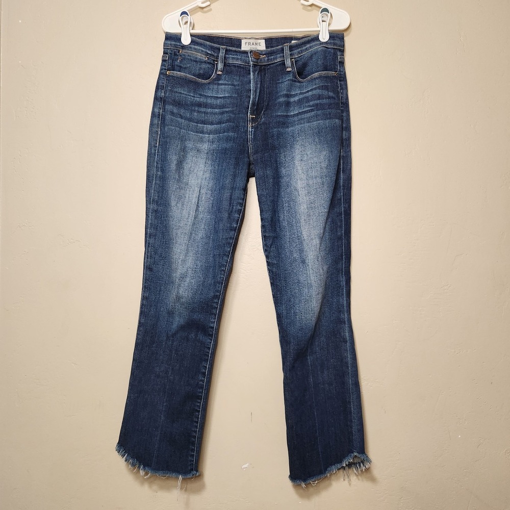 FRAME Le High Straight Jeans Dark Wash Raw Hem Blue Denim Size 29